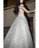 A line Bling Silver Corset Top Long Prom Dress With Straps HZ0311