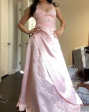 Vintage A Line Halter Pink Satin Long Formal Gowns Evening Maxi Dress Prom Dress Aesthetic For Women Party Outfits HZ0311