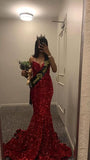 Sparkly Mermaid Sweetheart Burgundy Sequined Long Prom Dresses For Black Gilrs Formal Dresses HZ0311
