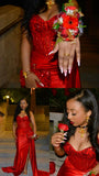 Sparkly Mermaid Spaghetti Strap Red Satin Long Prom Dresses For Black Gilrs Formal Dresses HZ0311