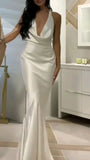 Cheap Mermaid V Neck White Silky Satin Long Formal Fancy Prom Evening Dress Dinner Outfits Classy Party Gowns HZ0311