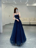 Unique A line Spaghetti Straps Navy Blue Long Prom Dresses Dark Blue Tulle Formal Gown Inspo Evening Dress HZ0311