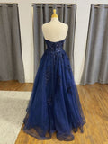 Strapless Open Back Navy Blue Lace Beaded Long Prom Dresses Formal Graduation Evening Dresses HZ0311
