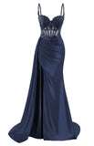 Spaghetti Strap Satin Prom Dresses Long Mermaid Lace Formal Gowns Corset Evening Party Dresses with Slit HZ0311