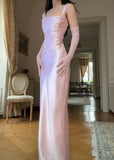 Simple Mermaid Square Neck Pink Satin Prom Dresses Long Evening Formal Gown Wedding Party Gowns HZ0311