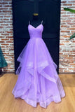 Sparkly Ball Gown Spaghetti Strap Lilac Tulle Long Prom Dresses Senior Graduation Dance Evening Outfits HZ0311