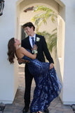 Gorgeous Mermaid Spaghetti Strap Navy Blue Sequined Formal Evening Dress Gowns Prom Dresses HZ0311
