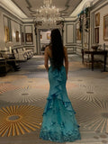 Vintage Mermaid Spaghetti Straps Blue Satin Floor Length Prom Dress Inspiration Long Prom Dresses HZ0311
