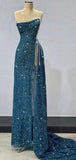 Gorgeous Teal Sheath High Slit Maxi Long Formal Prom Dress HZ0311