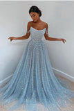 Sky Blue Off-the-Shoulder Prom Dress Long with Sequins HZ0311