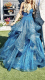 Ball Gown Blue V-neck Tulle Appliques Sequins Long Prom Dress Spaghetti Strap Evening Dress Birthday Gowns HZ0311