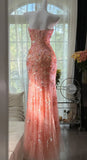 Mermaid Coral Formal Dresses Tulle Sequin Sweetheart Neck Long Prom Dresses Coral Evening Dresses HZ0311