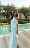 Women's Cocktail Party Gowns Sheath One Shoulder With Pleated Ruched Light Sky Blue Long Graduation Dinner Outfits Prom Dresses HZ0311