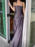 Vintage A Line Spaghetti Strap Grape Satin With Pleated Formal Gowns Evening Maxi Prom Dress Aesthetic For Women Party Outfits HZ0311