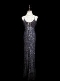 Vintage Fashion Night Aesthetic Mermaid Spaghetti Straps 80s 70s 90s Silver Grey Sequin College Formal Outfit Long Prom Graduation Dresses HZ0311