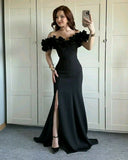 Simple Mermaid Off The Shoulder Black With Split Long Formal Fancy Prom Evening Dress Dinner Outfits Classy Party Gowns For Black Girls HZ0311