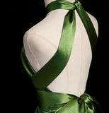 Simple A Line Halter Olive Green Satin Backless Long Prom Dresses Formal Party Dress Prom Gown HZ0311