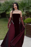 Elegant A line Strapless Burgundy Velvet With Beads Winter Long Formal Ideas Prom Evening Dress Dinner Outfits Party Gowns For Women HZ0311