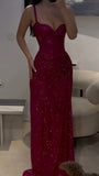 Modest Mermaid Spaghetti Straps Hot Pink Sequins Ruffled Prom Dresses Long Bridesmaid Dress HZ0311