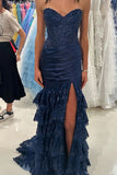 Mermaid Strapless Sequins Lace Appliques Prom Dress 2026 Formal Evening Gowns HZ0311