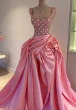 Women Square Straps Floral Beaded Ruched A-Line Prom Dresses Evening Gowns HZ0311