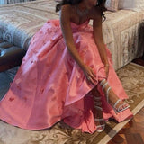 Pink Sweetheart A-Line Satin Beading Floral Long Prom Dress Birthday Outfits Party Dress Formal Vestidos De Dia HZ0311