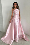 Women Elegant Pink A-Line Strapless Satin Party Dress with Appliques and Detachable Train Evening Gowns HZ0311