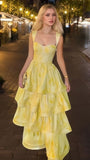 Yellow Printing Yellow Satin A-Line Tiered Sleeveless Long Prom Formal Dress Vestidos De Dia HZ0311
