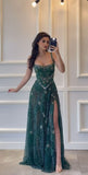 Vintage Emerald Green Spaghetti Straps Sequins Beaded A Line Prom Gown Long Slit Party Dress Formal Evening Gowns HZ0311