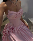 Gorgeous Baby Pink Sweetheart Satin Prom Dresses Sleeveless High Slit Gem With Pleats Vestidos De Dia HZ0311