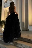 Gorgeous A Line Strapless Sleeveless Lace Up Floor-Length Black Slit Prom Dresses Vestidos Evening Gowns HZ0311