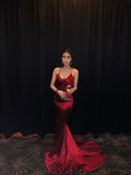 Sexy Mermaid Halter Wine Red Burgundy Satin Long Prom Dresses Formal Party Dress Prom Gowns HZ0311