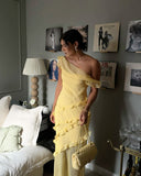 Simple Sheath Ruffles With Scarf Prom Dress Women Off The Shoulder Yellow Chiffon Sleeveless Vacation Wedding Guest Gown HZ0311