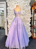 Modest Ball Gown Spaghetti Strap Lilac Lace Long Prom Dresses For Teens Formal Dress Party Outfits Prom Gowns HZ0311