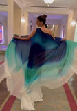 Modest A line One Shoulder Chiffon Multi Ombre Color Green Blue Senior Prom Dresses Long Formal Party Gown HZ0311