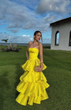 Sexy Ball Gown Strapless Basque Waist Corset Ruffle Yellow Satin Long Formal Party Prom Dresses HZ0311