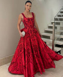 Gorgeous A line Square Neck Dark Red Satin Bodice Prom Dresses Long Formal Party Gown HZ0311