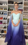 Modest A line Off The Shoulder Chiffon Multi Ombre Color Green Blue Senior Prom Dresses Long Formal Party Gown HZ0311