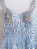 Light Blue Off The Shoulder Tulle Sequin Ruffle Tiered Long Gown with Slit Vestidos De Dia HZ0311