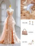 Luxury Evening Dresses Train Bride Beach Party Gold Sequins Douber Straps Prom Dresses Formal Gowns HZ0311
