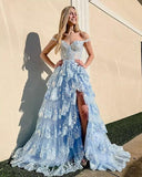 Off The Shoulder Layered Navy Blue Lace Long Prom Dress with Split Vestidos De Dia HZ0311