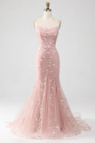 Spaghetti Straps Blush Pink Sparkly Beaded Mermaid Long Prom Dresses Vestidos De Dia HZ0311
