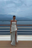 White Strapless Satin Chiffon Split Holiday Summer Prom Dress 18th Birthday Outfits HZ0311