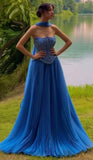 Elegant A line Prom Dresses Chiffon Pleat Ruched Ruffle Strapless Royal Blue Formal Evening Dress Party Gowns HZ0311