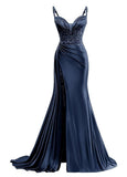 Elegant Mermaid Spaghetti Straps Navy Blue With Lace Slit Long Pleated Ruffles Slit Prom Dresses Vestidos De Dia HZ0311
