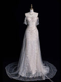 Charming Women's Mermaid Off The Shoulder Tulle Pleated With Flowers Long Wedding Dresses HZ0311