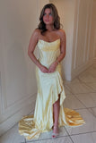 Sparkly Mermaid Strapless Yellow Satin Beaded Long Prom Dresses Inspiration Evening Gowns For Women Formal Party Dress HZ0311