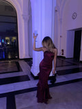 Elegant Mermaid Halter Burgundy Deep Red Satin Long Prom Dresses Formal Party Gowns Vestidos De Dia HZ0311