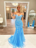 Classy Mermaid Off The Shoulder Blue Lace Prom Dresses Inspo For Teens Formal Dress Party Outfits Prom Gowns HZ0311