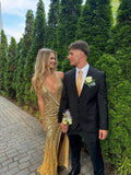 Sexy Mermaid V Neck Sequined Gold Slit Beaded Long Prom Dresses For High School People Girls Formal Bridesmaid Dress HZ0311